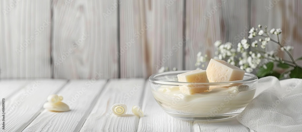 Aufkleber soaps and cosmetic cream in a glass bowl on a white wooden table. with copy space image. place for a