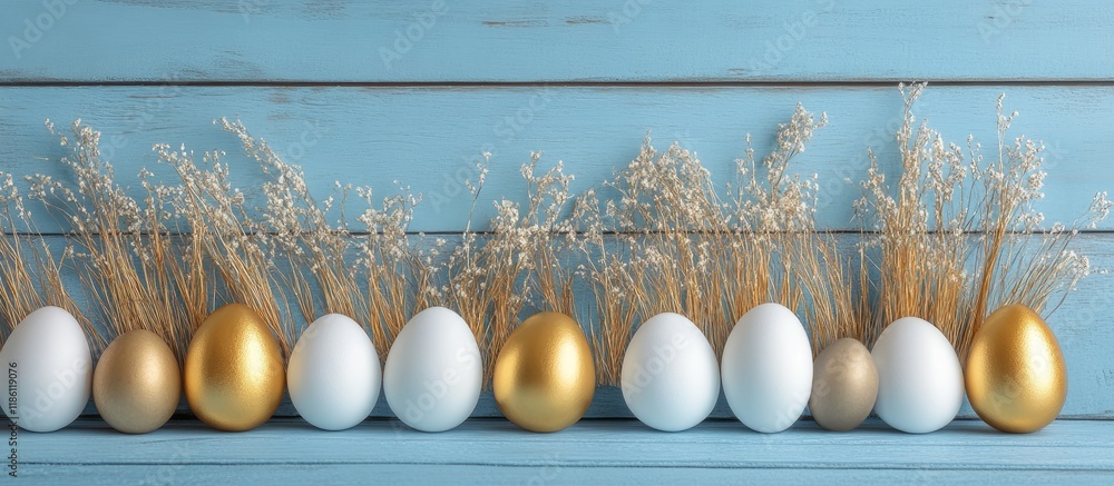Poster gold and white easter eggs set against a blue brushed wooden backdrop vibrant golden easter eggs dis