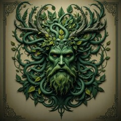 Fototapeta premium Green Man: A Mystical Portrait of Nature's Spirit Embodied in Intricate Foliage and Vines