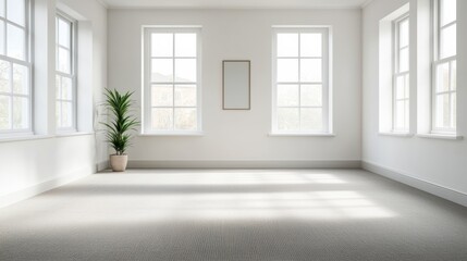 Fototapeta premium Empty modern office with large windows and carpet flooring welcoming natural light