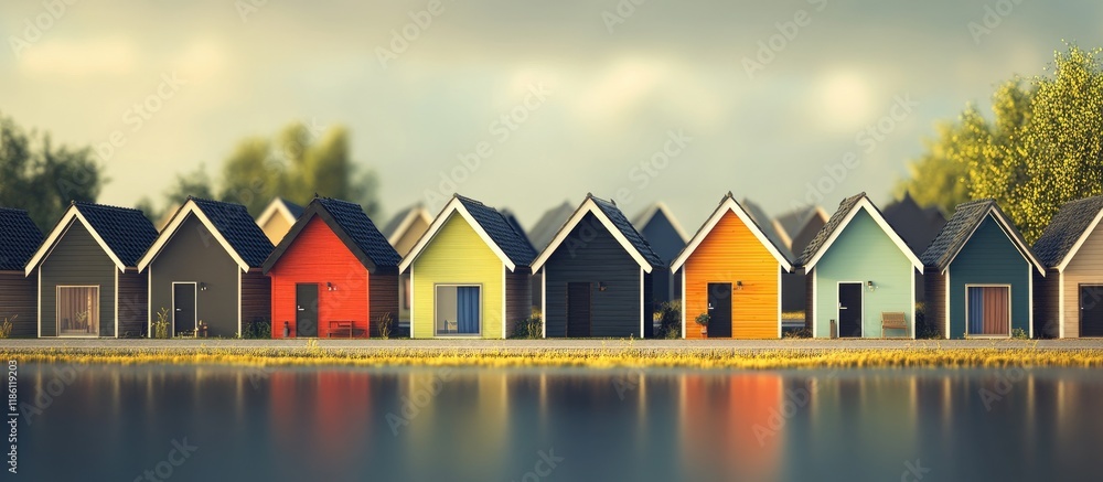 Fototapete row of small houses with room for text. with copy space image. place for adding text or design