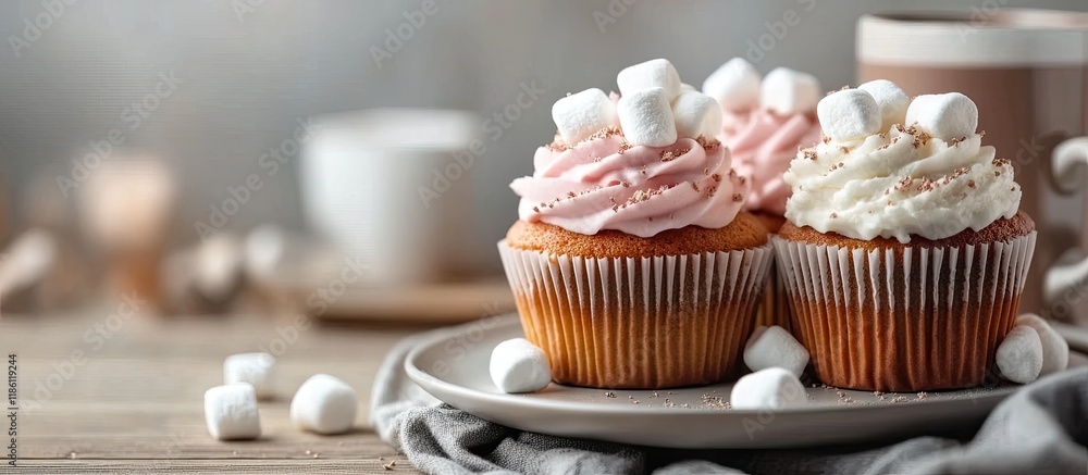 Fototapete Homemade cupcakes and hot cocoa with marshmallows. with copy space image. Place for adding text or design