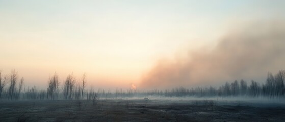 Obraz premium Hazy Dawn Over Charred Forest, Smoke Trails in Distance, Evocative Landscape, Nature's Resilience, Atmospheric Scene