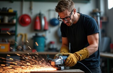 Man in black t-shirt uses angle grinder. Sparks fly. Construction worker in garage works on metal. Many tools in background. Focus on detail of work process. Safety glasses, gloves. Pro worker in