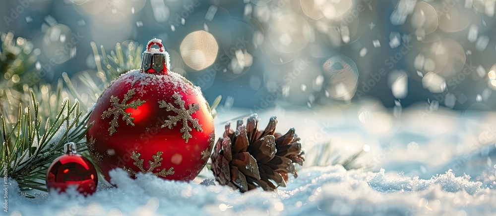 Aufkleber Christmas toy red ball featuring a snowflake and a pine branch with cones on the snow. with copy space image. Place for adding text or design