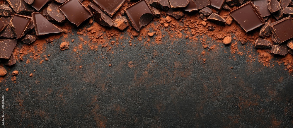 Leinwandbilder a frame or border created from pieces of dark or milk organic chocolate and cocoa powder on a dark c