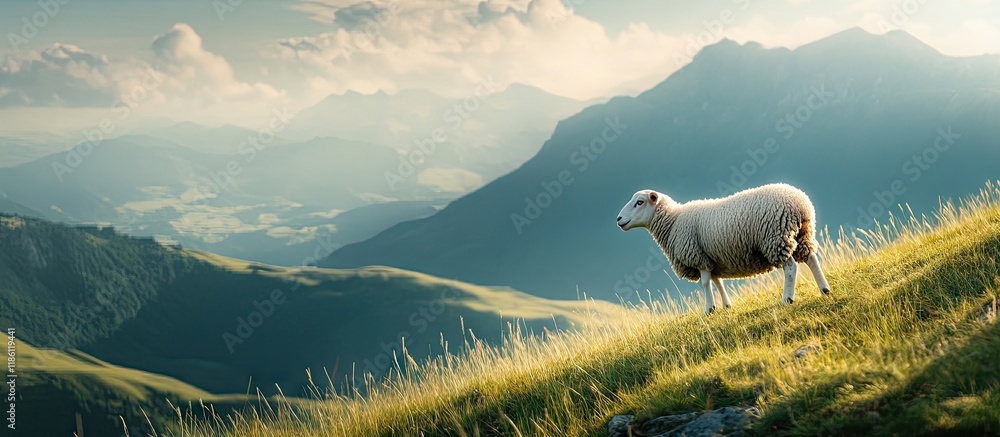 Poster sheep on a mountain slope with a pasture background outdoors. with copy space image. Place for adding text or design
