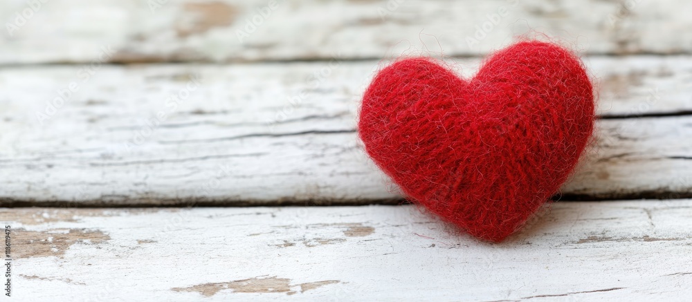 Leinwandbilder red wool heart shape on a white wooden surface valentine s day image. with copy space image. place f