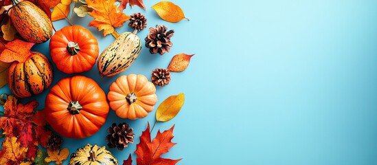Fototapeta premium Autumn decorations on a blue backdrop Holiday fall Halloween Thanksgiving Day theme Flat lay top view Halloween party greeting card mockup featuring copy space