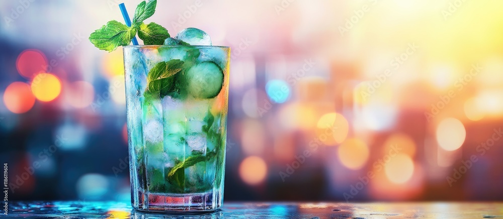 Aufkleber Mojito cocktail with a blurred club background. with copy space image. Place for adding text or design