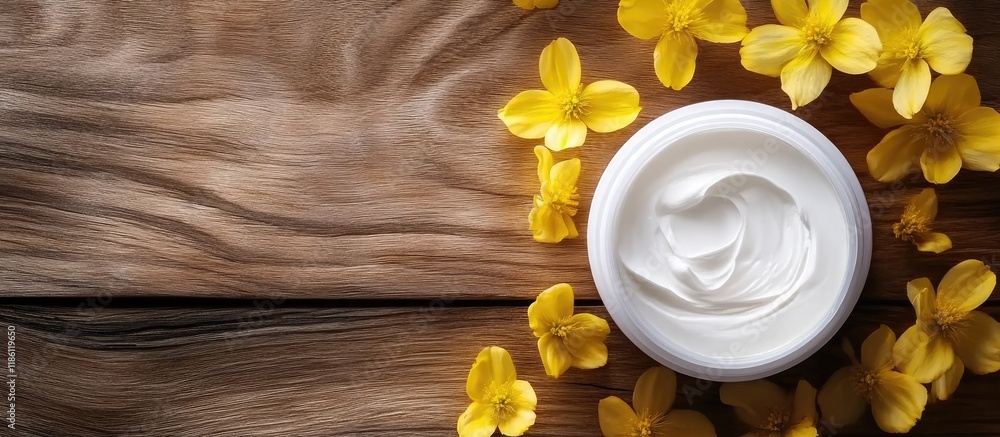 Poster white cosmetic cream with yellow flowers on wood. with copy space image. place for adding text or de