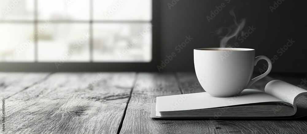 Leinwandbilder Notebook with a coffee cup in the background. with copy space image. Place for adding text or design