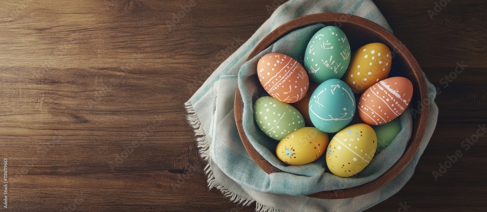 Aufkleber Easter eggs in a bowl with a napkin on a walnut wood table top view. with copy space image. Place for adding text or design