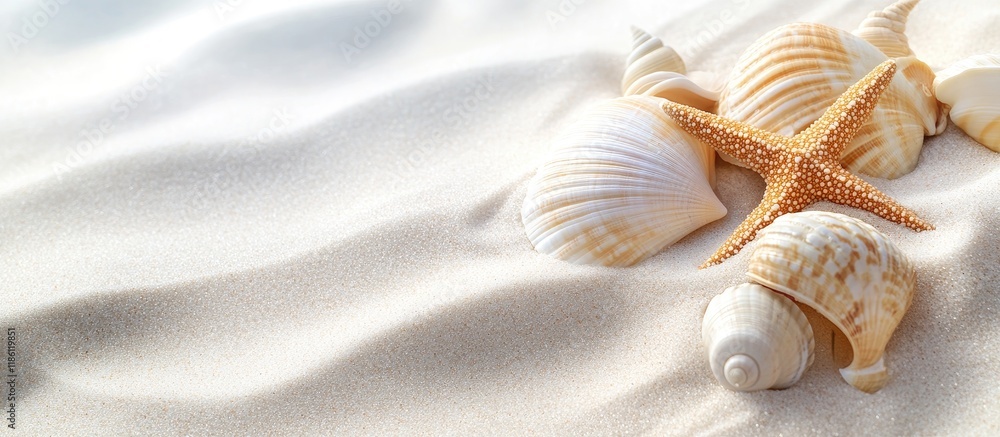 Poster close up of sea shells and a star on a sandy background with copy space a natural summer backdrop fe