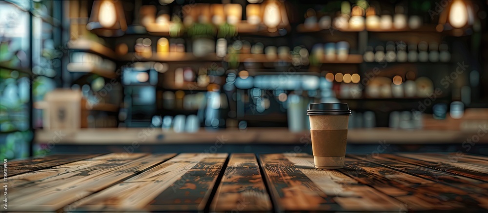 Aufkleber Selected focus on an empty brown wooden table with a blurred coffee shop background. with copy space image. Place for adding text or design