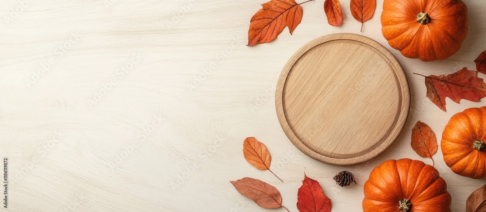 Leinwandbilder thanksgiving day flat lay arrangement featuring pumpkins leaves and a round board on a light wooden 
