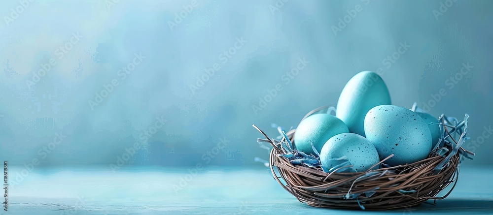 Poster easter card idea featuring a nest filled with blue eggs against a blue background with copy space