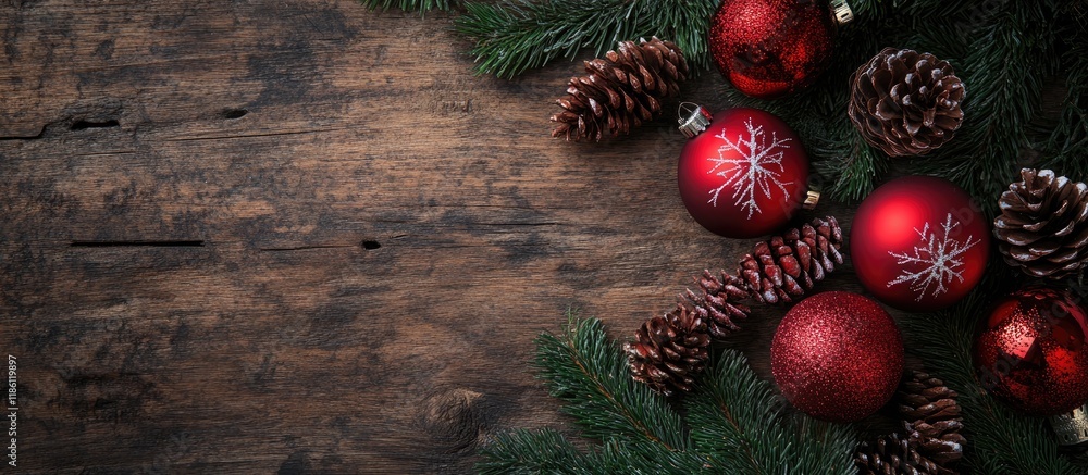 Fototapete Red Christmas ornaments and pine cones on the wooden table top view. with copy space image. Place for adding text or design