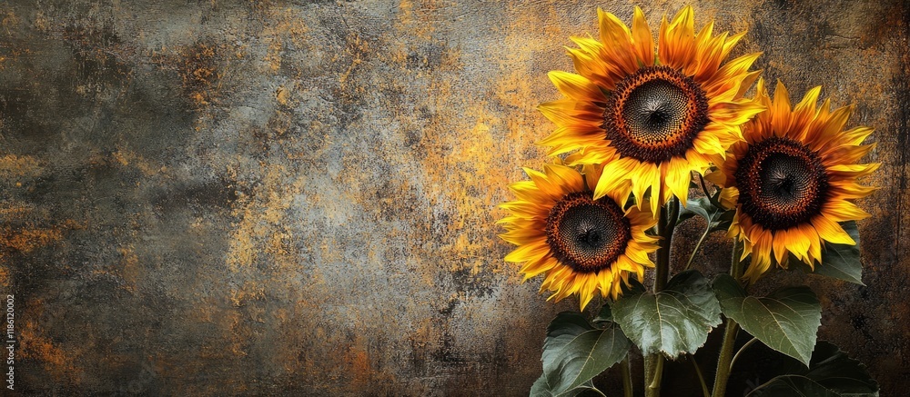 Aufkleber sunflowers in partial shade against a rustic grunge backdrop with copy space