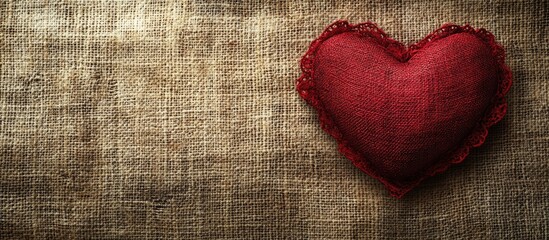 Valentine s Day or wedding theme Red decorative heart lace ribbon on a rustic linen cloth background with copyspace Vintage aged aesthetic