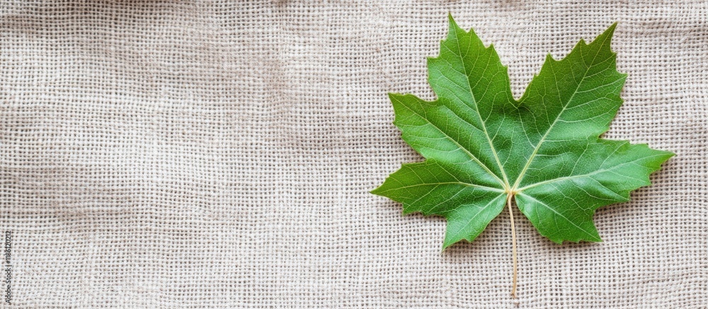 Aufkleber dry green maple leaf on white burlap fabric environmental marketing misinformation greenwashing ecol