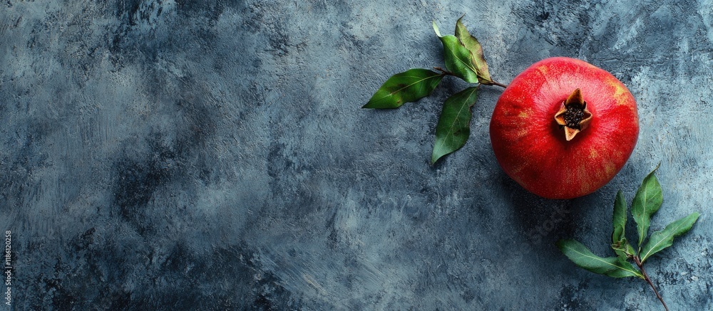 Leinwandbilder red pomegranate with a sprig of ivy on a textured background top view no people flat lay copy space 