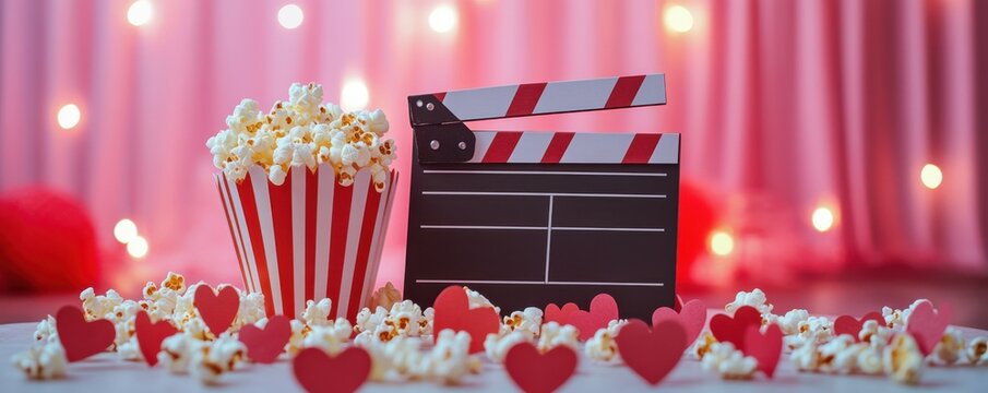 A vertical creative movie night setting with popcorn, a clapperboard, and red paper hearts, perfect for Valentine's Day. Enhances romantic vibes with a red and pink background