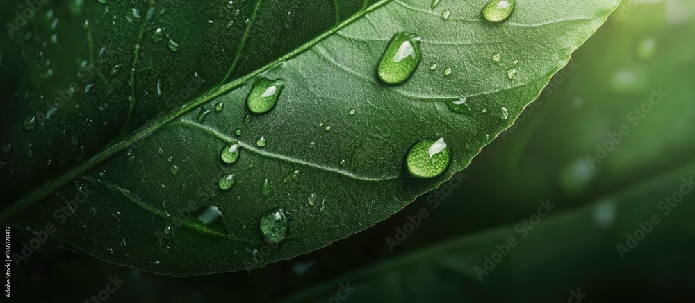 Poster droplets of water on a green leaf. with copy space image. place for adding text or design