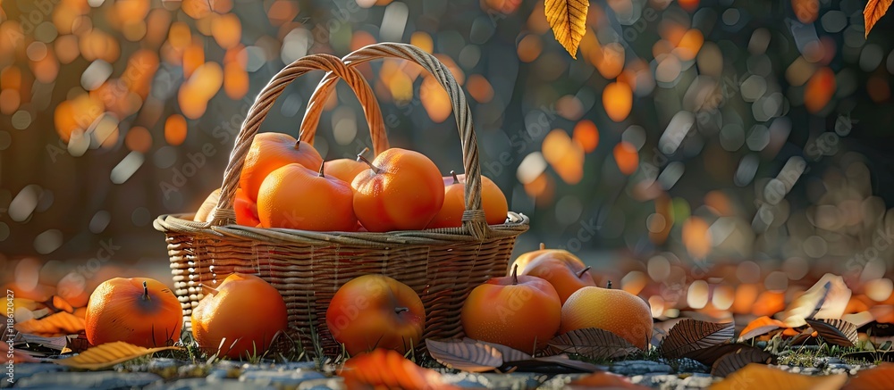 Fototapete fresh ripe persimmons in a wicker basket on the ground. with copy space image. place for adding text