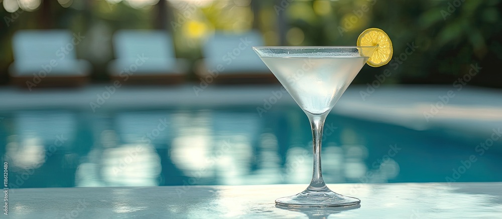 Aufkleber dry martini cocktail in a glass by the pool at a tropical resort vertical. with copy space image. pl
