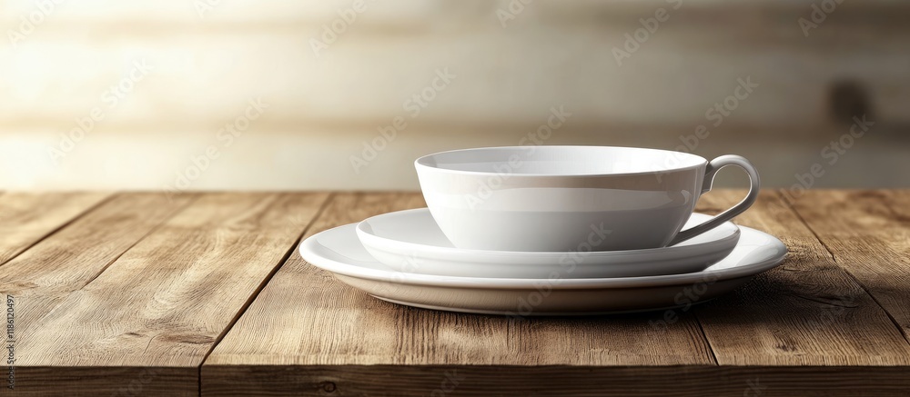 Poster empty tableware a white plate a bowl and a cup on a wooden table serving as a background for food ph