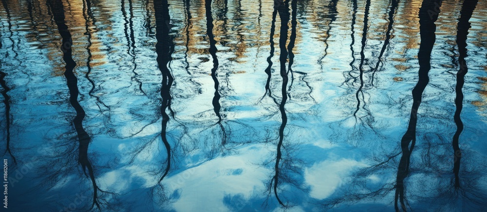 Poster surface of blue pond water reflecting lifeless trees. with copy space image. place for adding text o