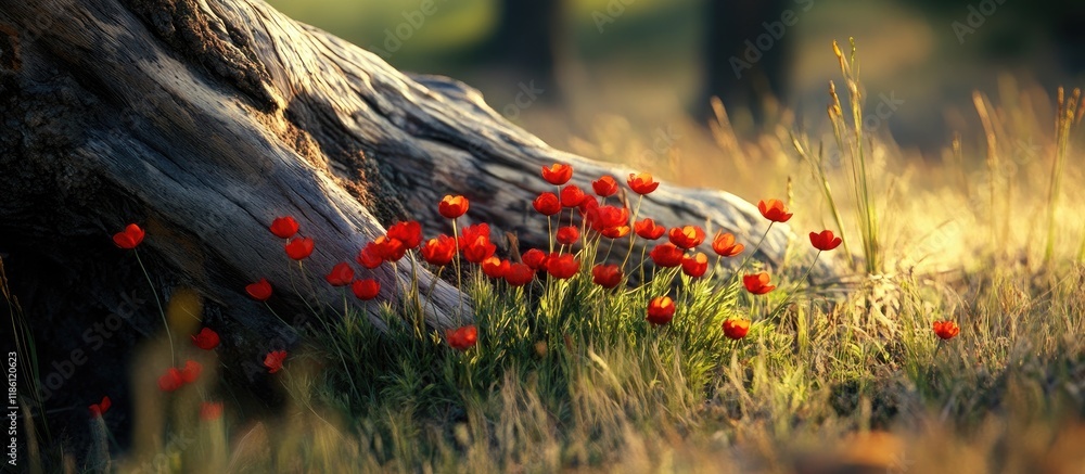 Aufkleber a cluster of red buttercups flourishing next to a fallen dry pine tree in a meadow a photo featuring