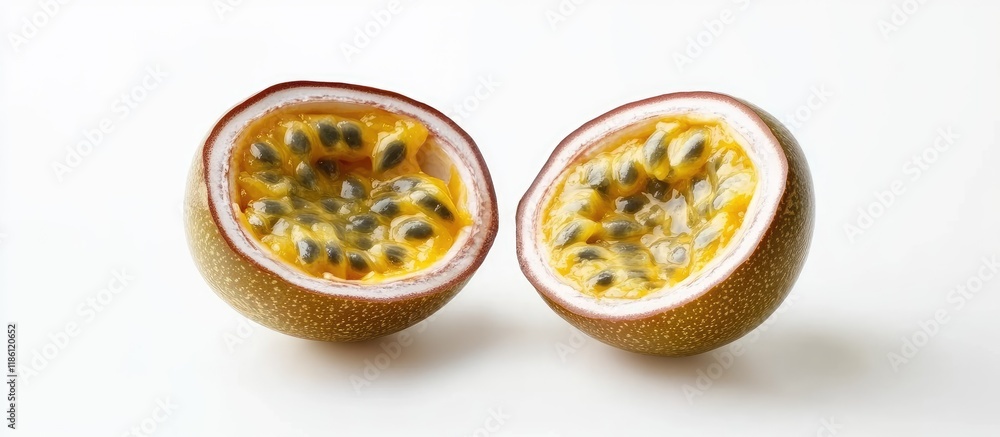 Poster granadilla or passion fruit sliced open with pulp against a white background. with copy space image.