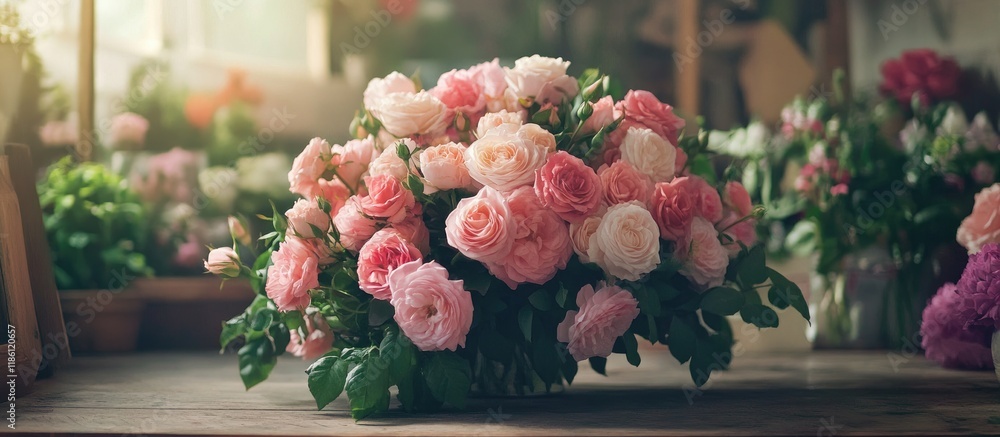 Poster close up of a lovely arrangement of roses and peonies on a table in a florist workshop copy space