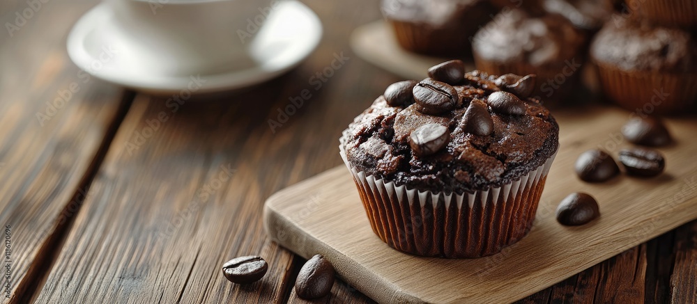 Poster Chocolate muffin and black coffee on a wooden table before work. with copy space image. Place for adding text or design