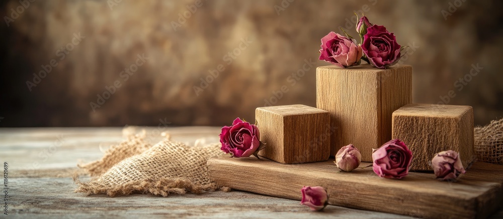 Aufkleber wooden cubes and dried rose flowers on a new wooden board with a burlap background. with copy space 