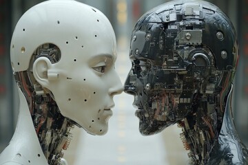 Artificial intelligence robotic head with futuristic technology details