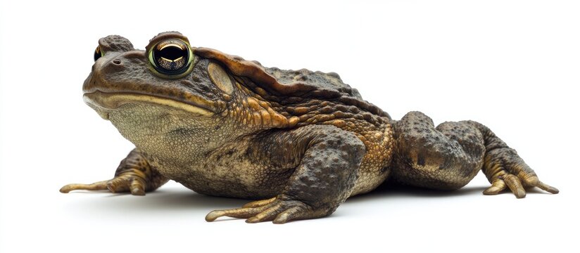 A large Rhinella marina or Cane toad positioned sideways and facing away from the camera set against a white background. with copy space image. Place for adding text or design