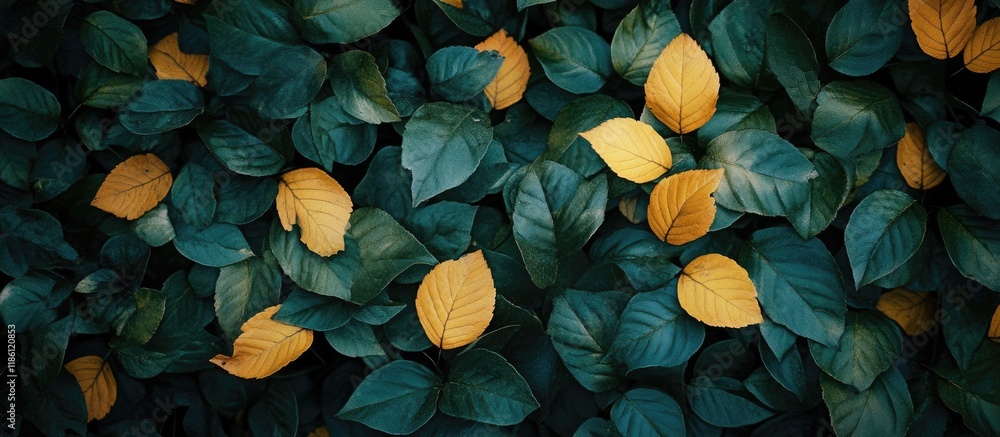 Leinwandbilder green and yellow leaves in the forest. with copy space image. place for adding text or design