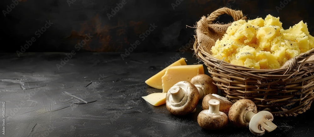 Aufkleber baskets containing mashed potatoes cheese and mushrooms set against a black background copy space