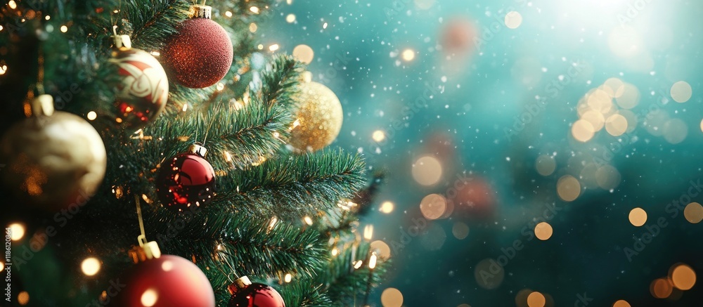 Aufkleber Christmas decoration backdrop Christmas tree and holiday ornaments. with copy space image. Place for adding text or design