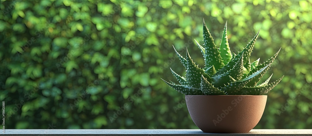 Poster aloe vera thriving in a pot against a background of green bushes. with copy space image. place for a
