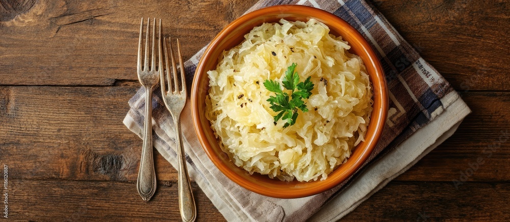 Leinwandbilder orange bowl filled with crunchy sauerkraut placed on a napkin with forks on the table. with copy spa