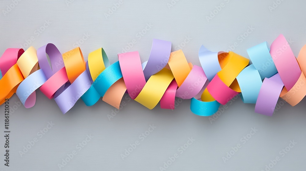 Poster abstract background with colorful intertwined paper strips on a gray background, geometric pattern.