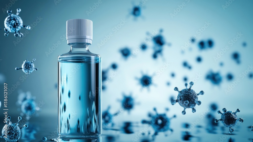 Poster droplets of sanitizer actively destroying bacteria in a clean environment. generative ai