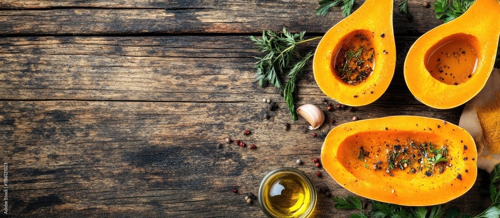 Poster halved raw butternut squash with olive oil spices and cooking ingredients on a rustic old wooden bac
