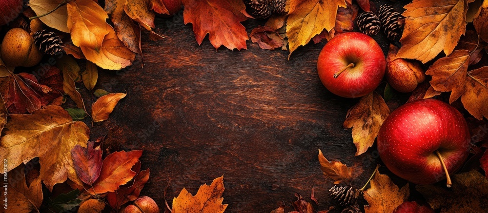 Poster autumn frame with leaves and apple. with copy space image. place for adding text or design