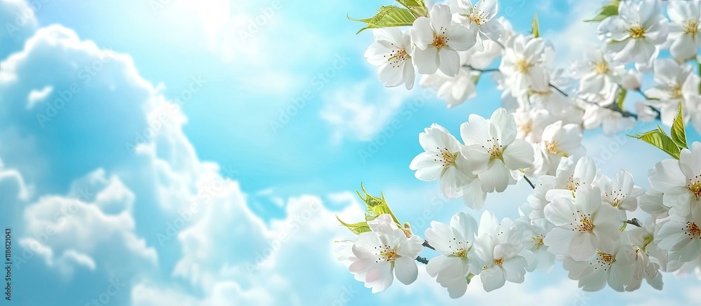 Poster branch of blooming sakura against the sky with clouds copyspace