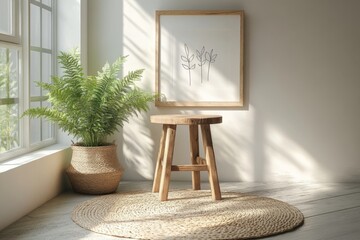 Sunlit room with potted plants and a wooden stool